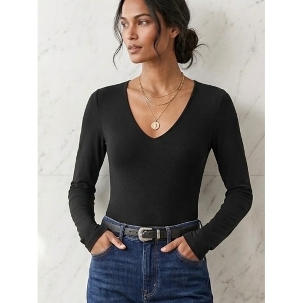 Everlane‎ Black Supima Cotton V-Neck Long Sleeve Bodysuit Small